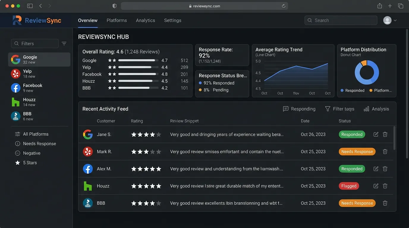 Multi-platform review aggregation dashboard showing reviews from Google Yelp Facebook and BBB in one management view