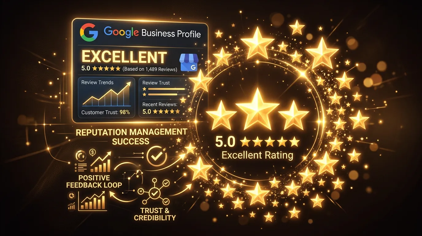 Five star rating surrounded by glowing review stars with Google business profile showing excellent overall reputation score