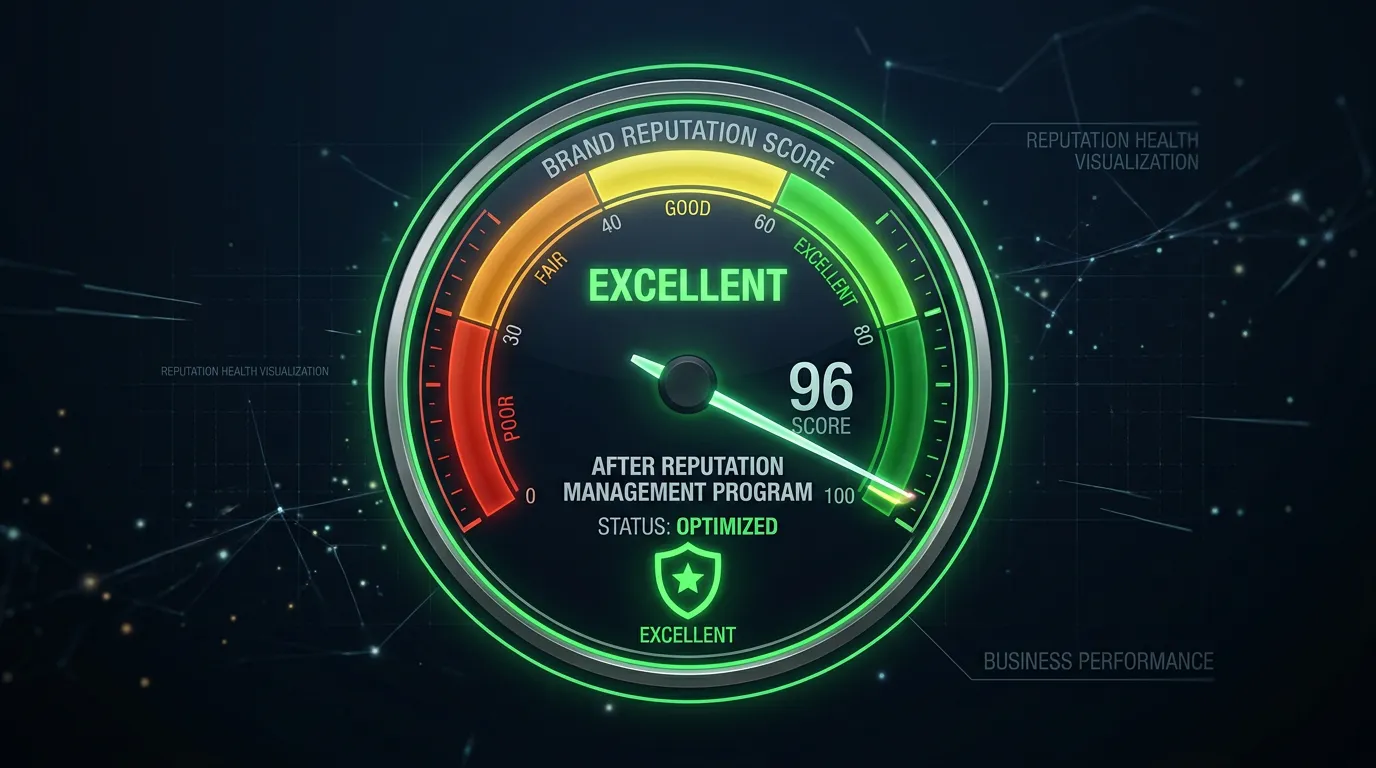 Brand reputation score gauge showing business at excellent level with green indicator after reputation management program