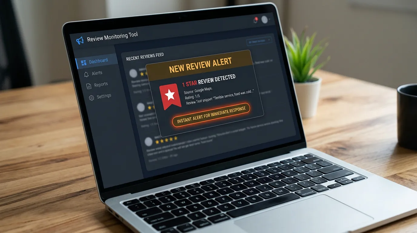 Review monitoring alert notification on laptop showing new 1 star review detected with instant alert for immediate response