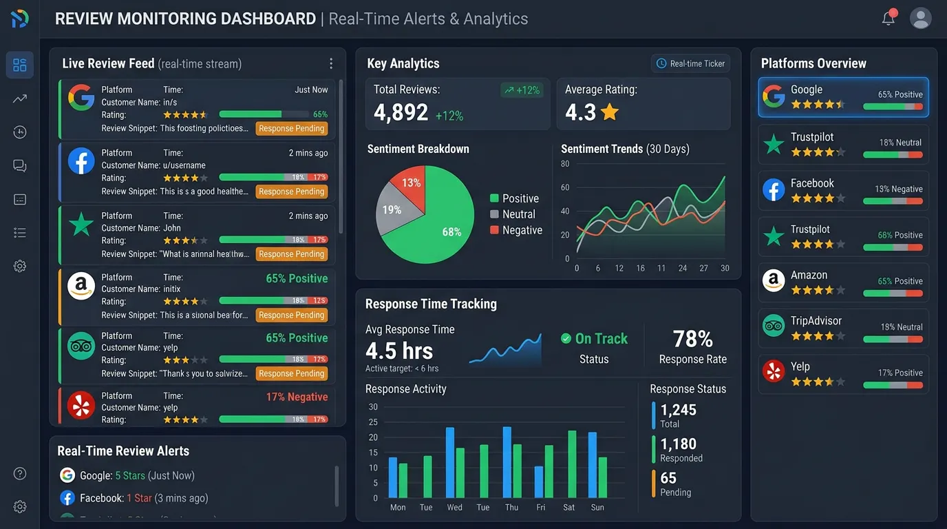Real-time review monitoring dashboard showing alerts from all platforms with sentiment analysis and response time tracking