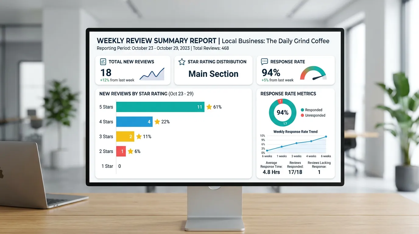 Weekly review summary report showing new reviews received star distribution and response rate metrics for local business