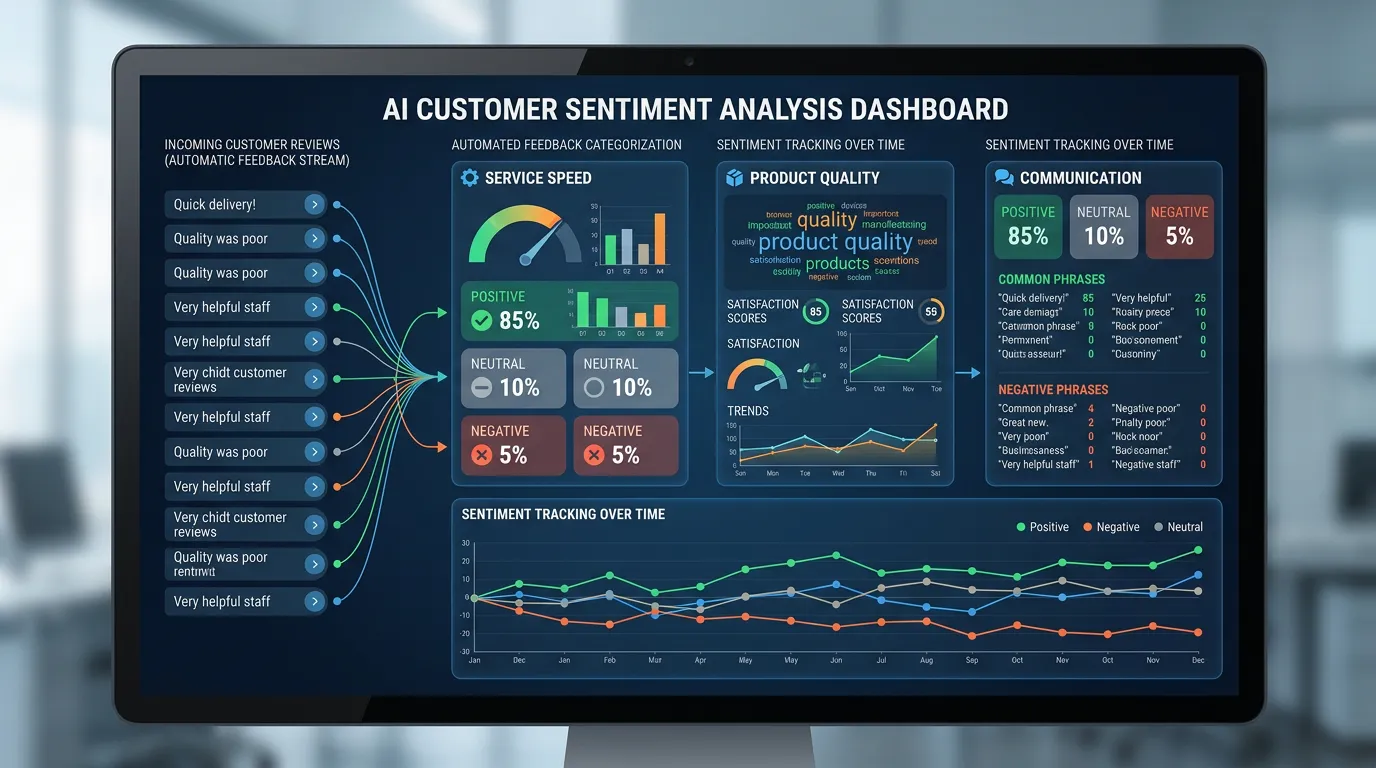 AI sentiment analysis detecting themes in reviews categorizing feedback into speed quality and communication with scores