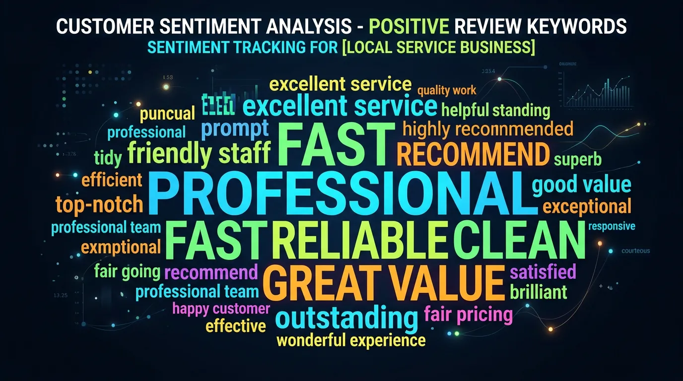 Customer sentiment word cloud showing positive keywords from reviews like professional fast reliable clean and great value