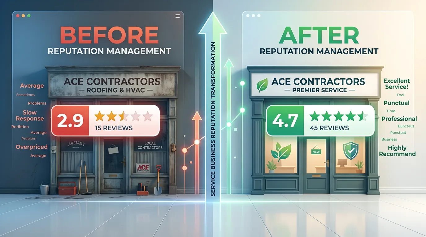Star rating and review count for a local contractor shown before and after reputation work