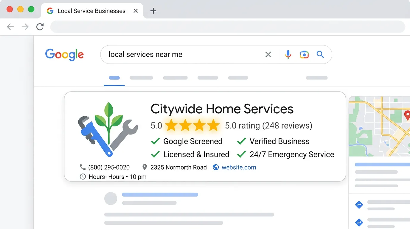 Service business icon with 5 star rating in Google search showing local trust signals for home service businesses