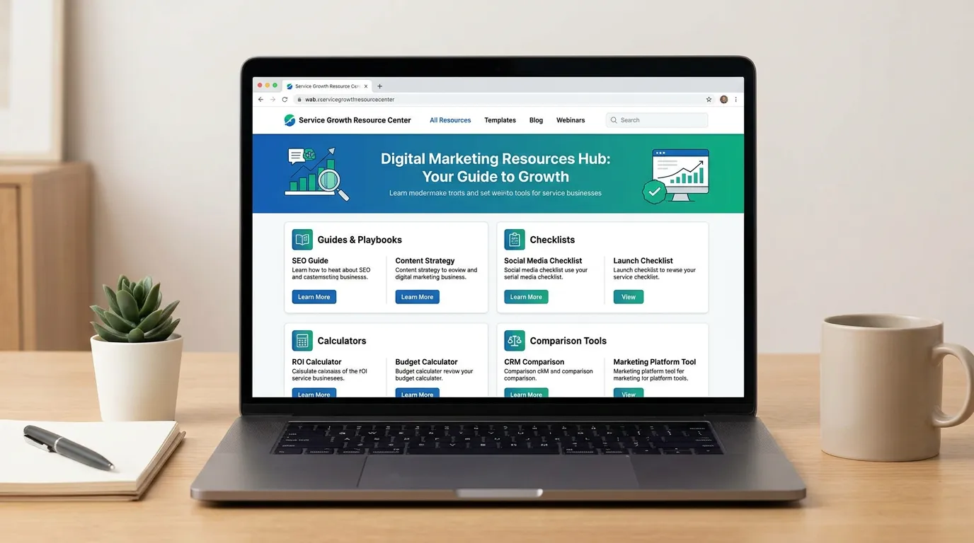 Digital marketing resources hub showing library of guides playbooks checklists calculators and comparison tools