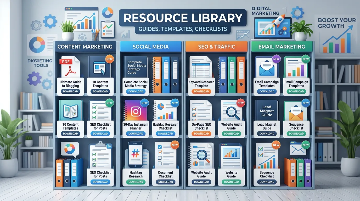 Resource library showing downloadable guides templates and checklists for digital marketing organized by topic