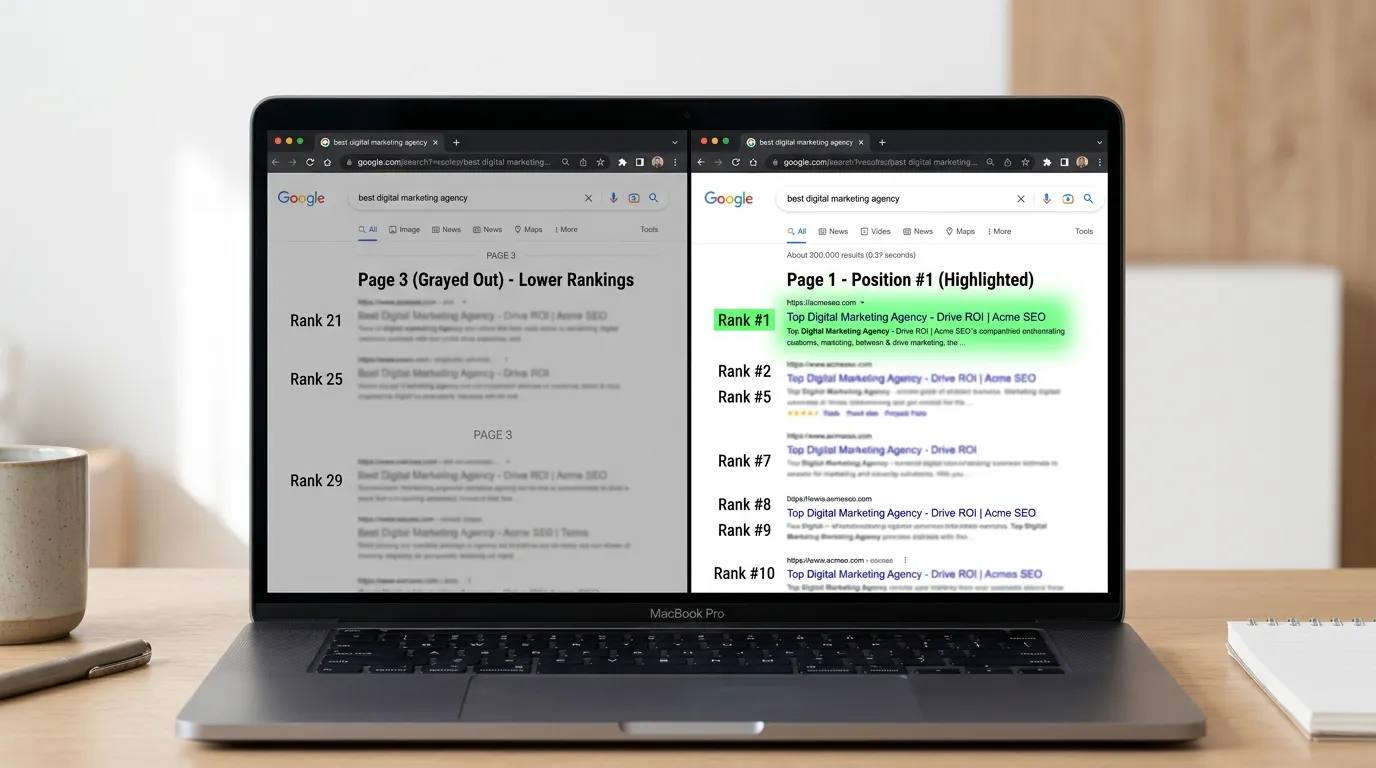 Before and after Google search ranking comparison showing dramatic improvement for marketing clients