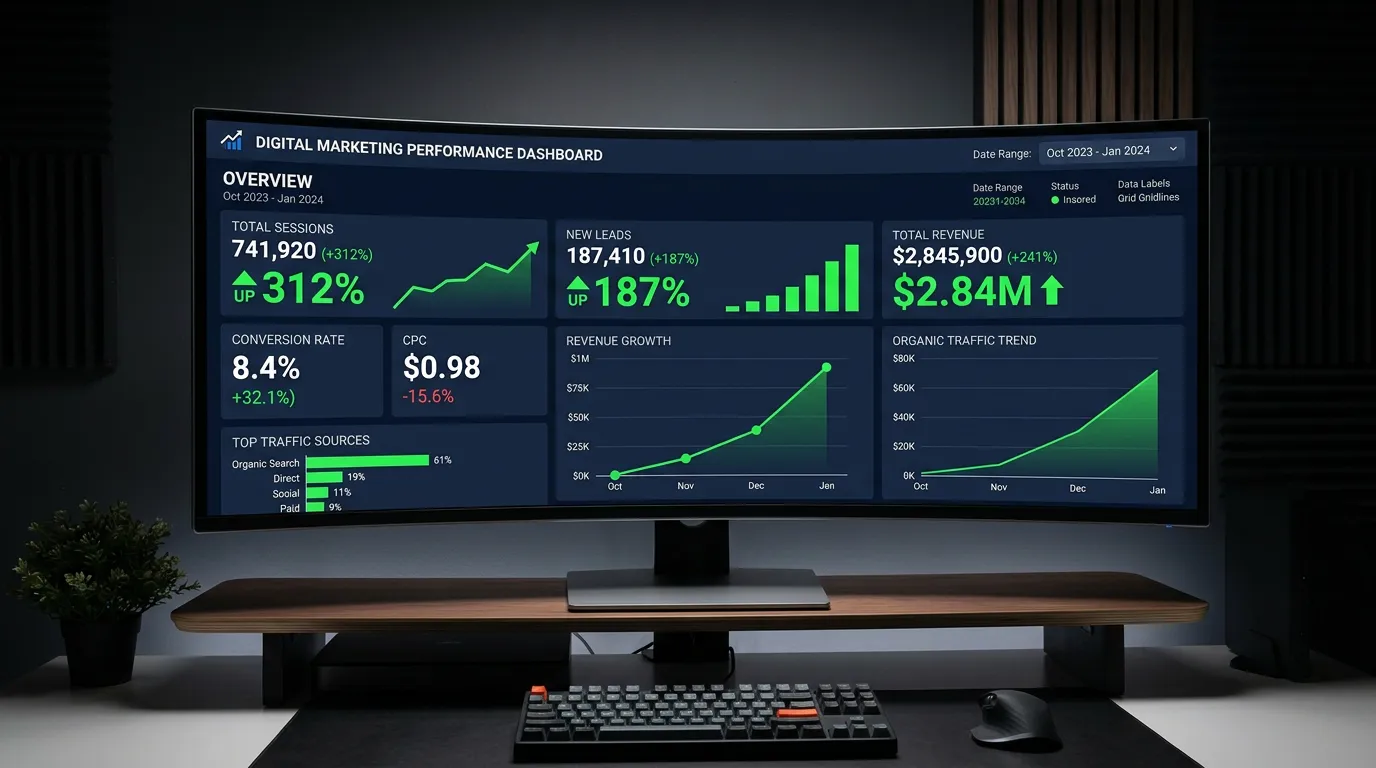 Digital marketing dashboard showing KPI tiles for traffic, leads, and calls