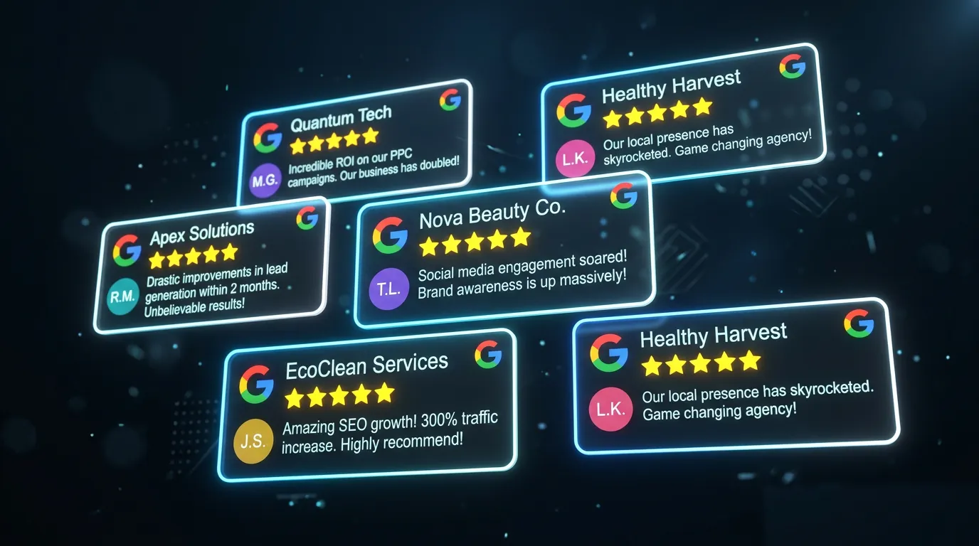Illustration of several five star Google review cards
