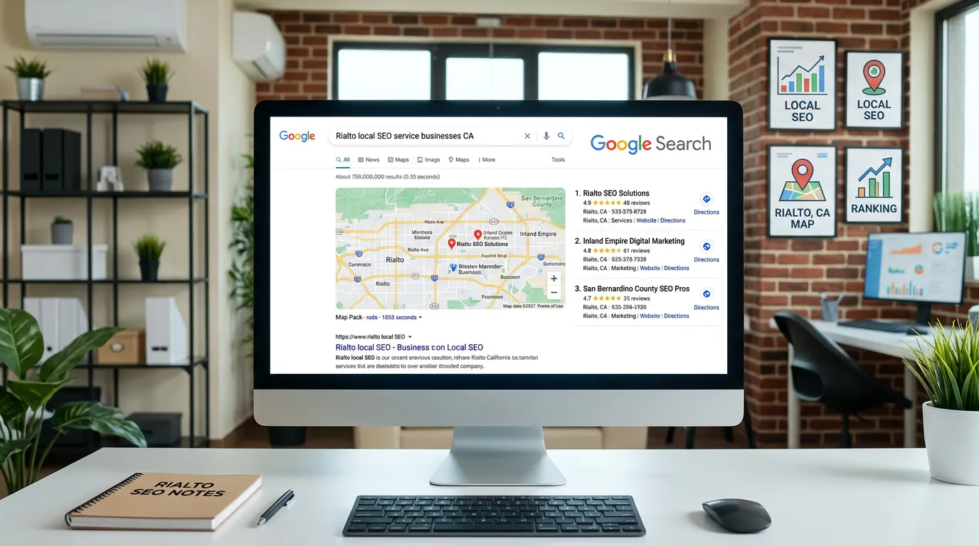 Rialto CA local SEO showing Google search map pack for service businesses in Rialto California San Bernardino County