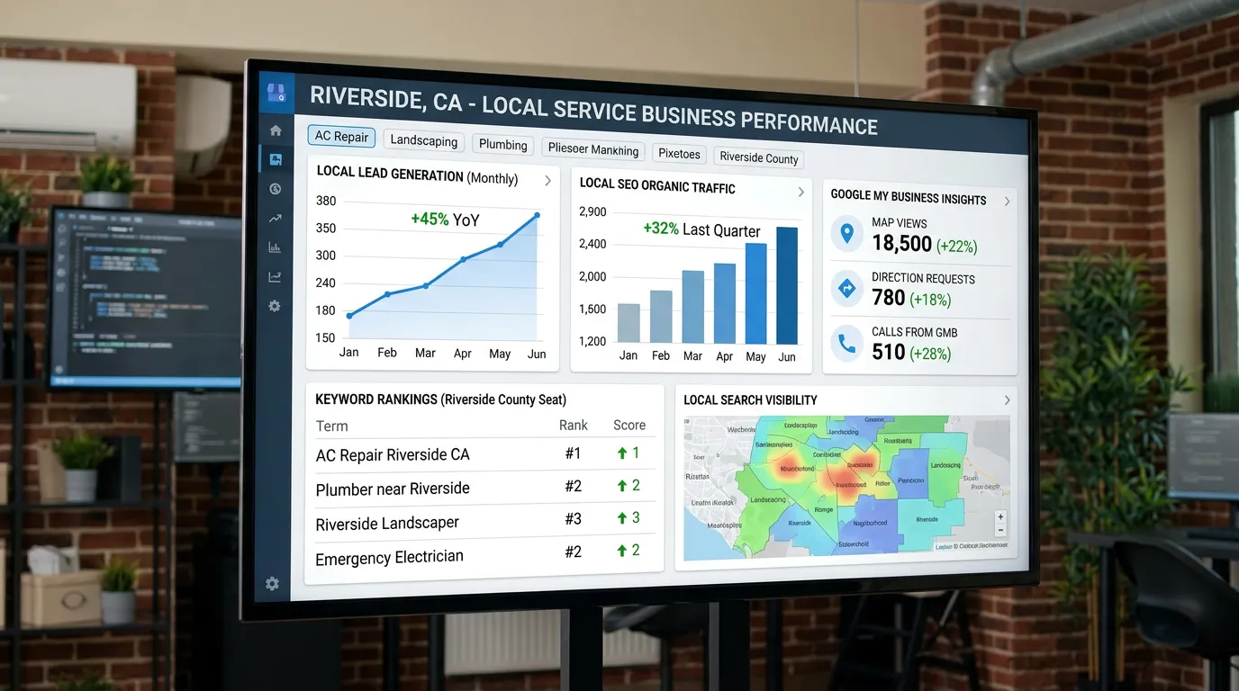 Riverside CA business digital marketing dashboard showing lead generation results for Riverside County seat businesses