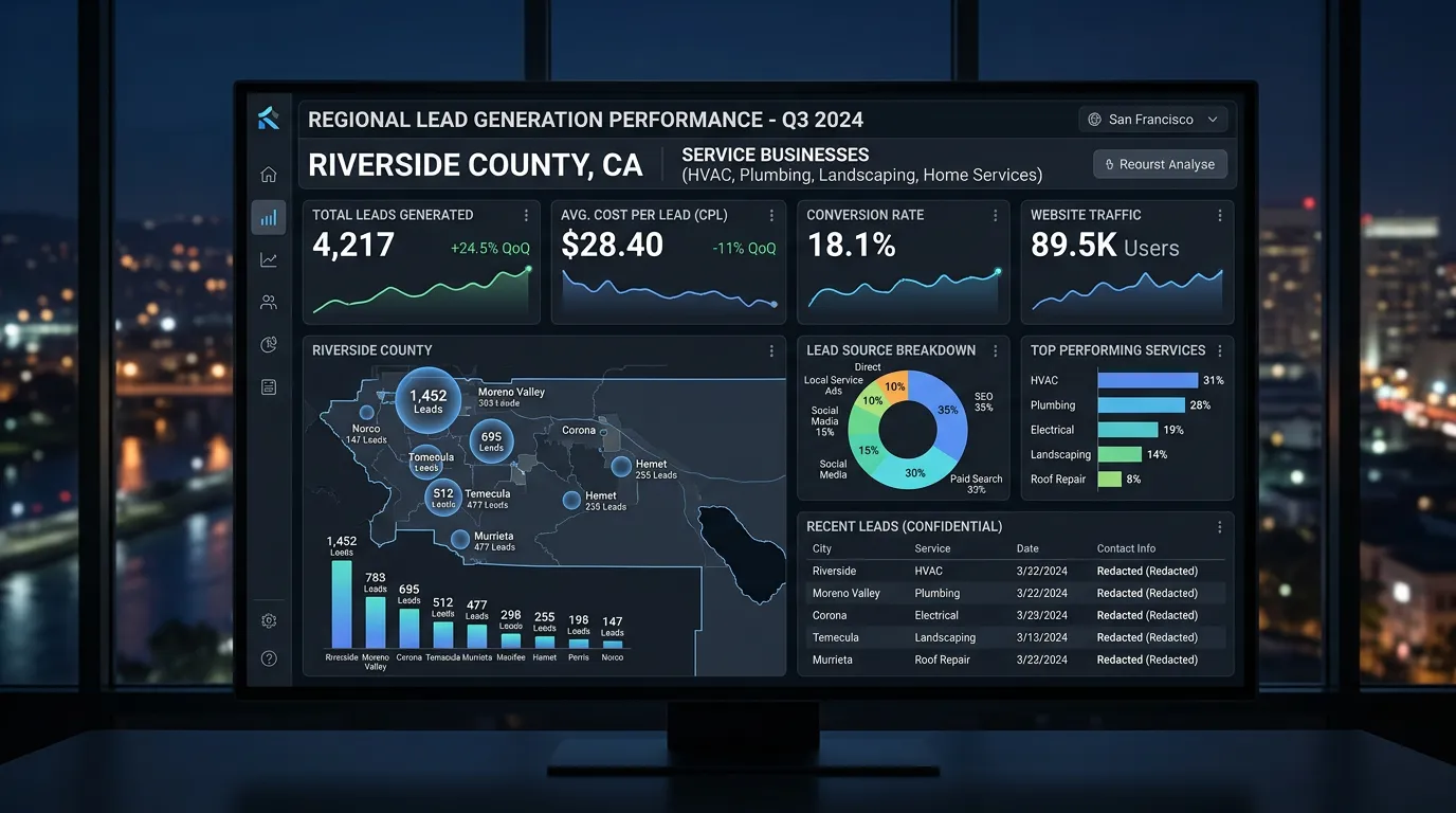 Riverside County CA regional digital marketing results showing lead generation across multiple county cities