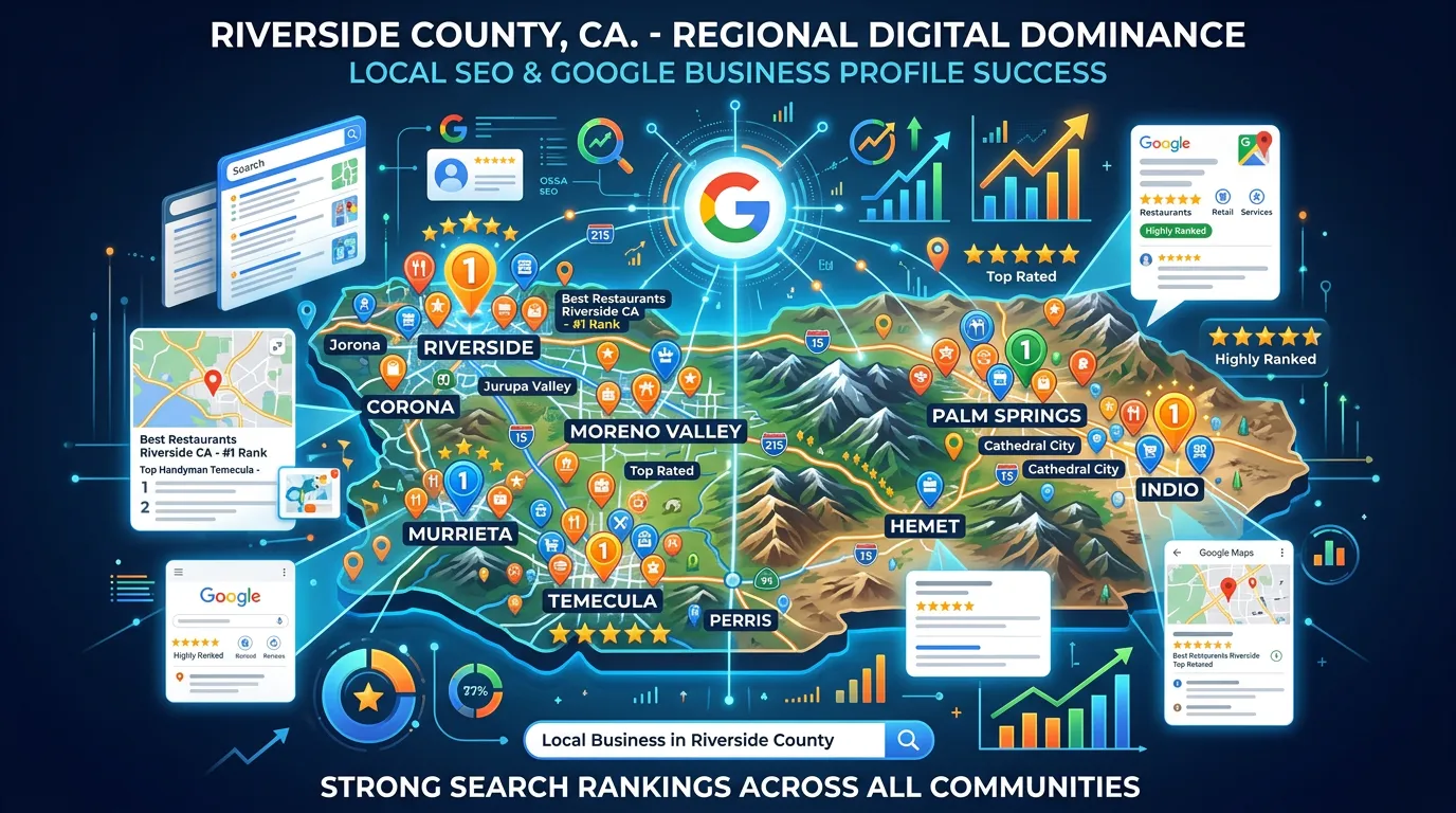 Riverside County California local SEO showing top search rankings for businesses across all major county communities