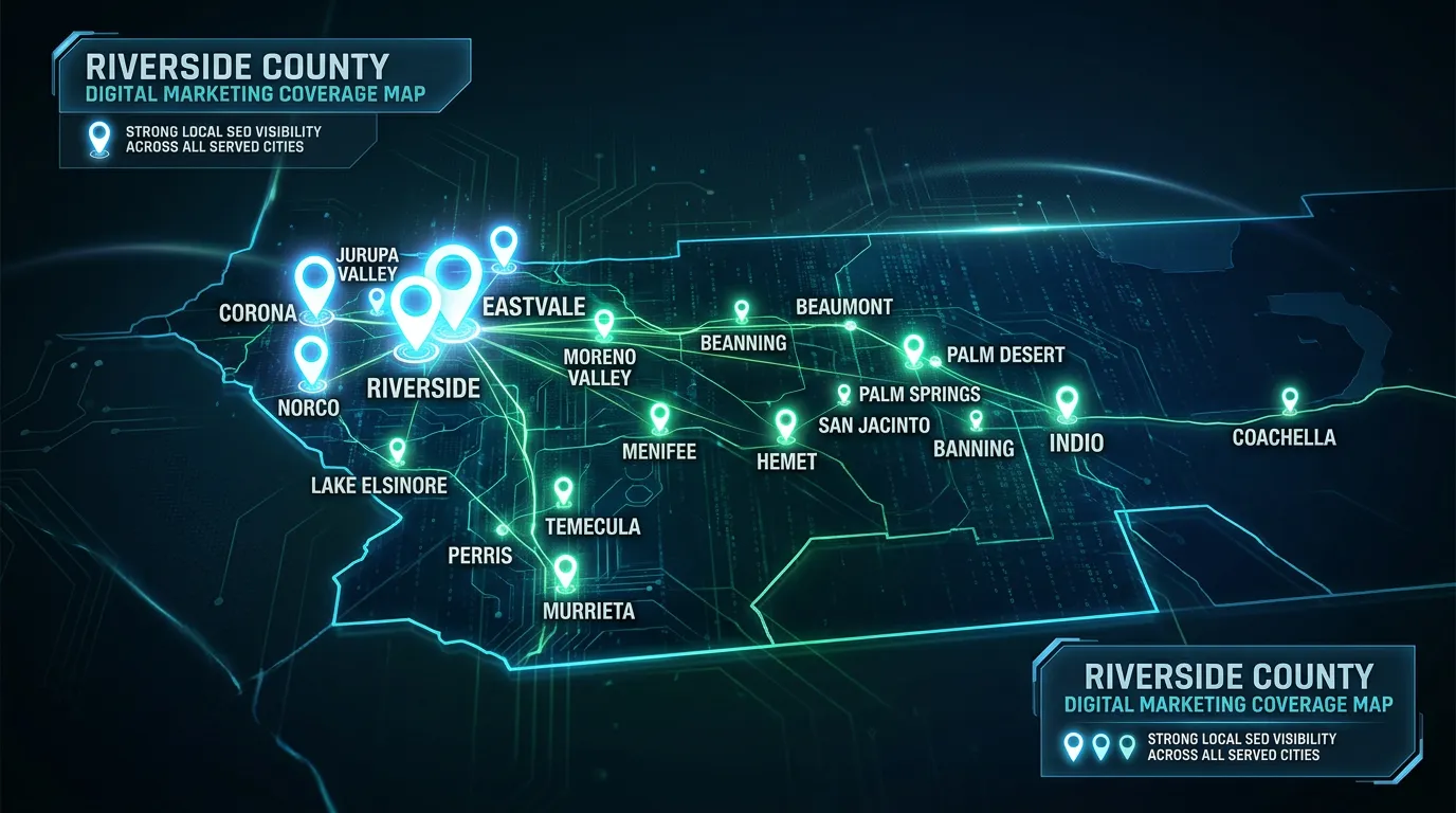 Riverside County California regional digital marketing map showing all cities served by Online Website Marketing