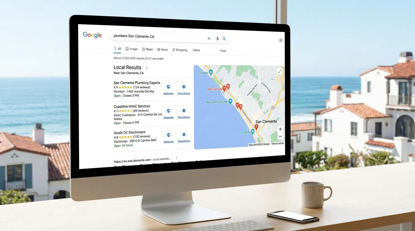San Clemente CA local SEO showing Google search map pack for service businesses in San Clemente California