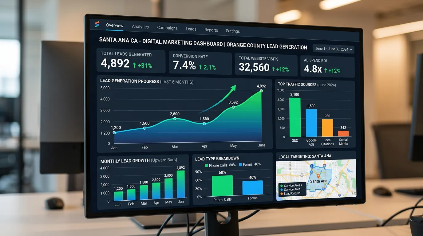 Santa Ana CA business digital marketing dashboard showing lead generation for Orange County city businesses