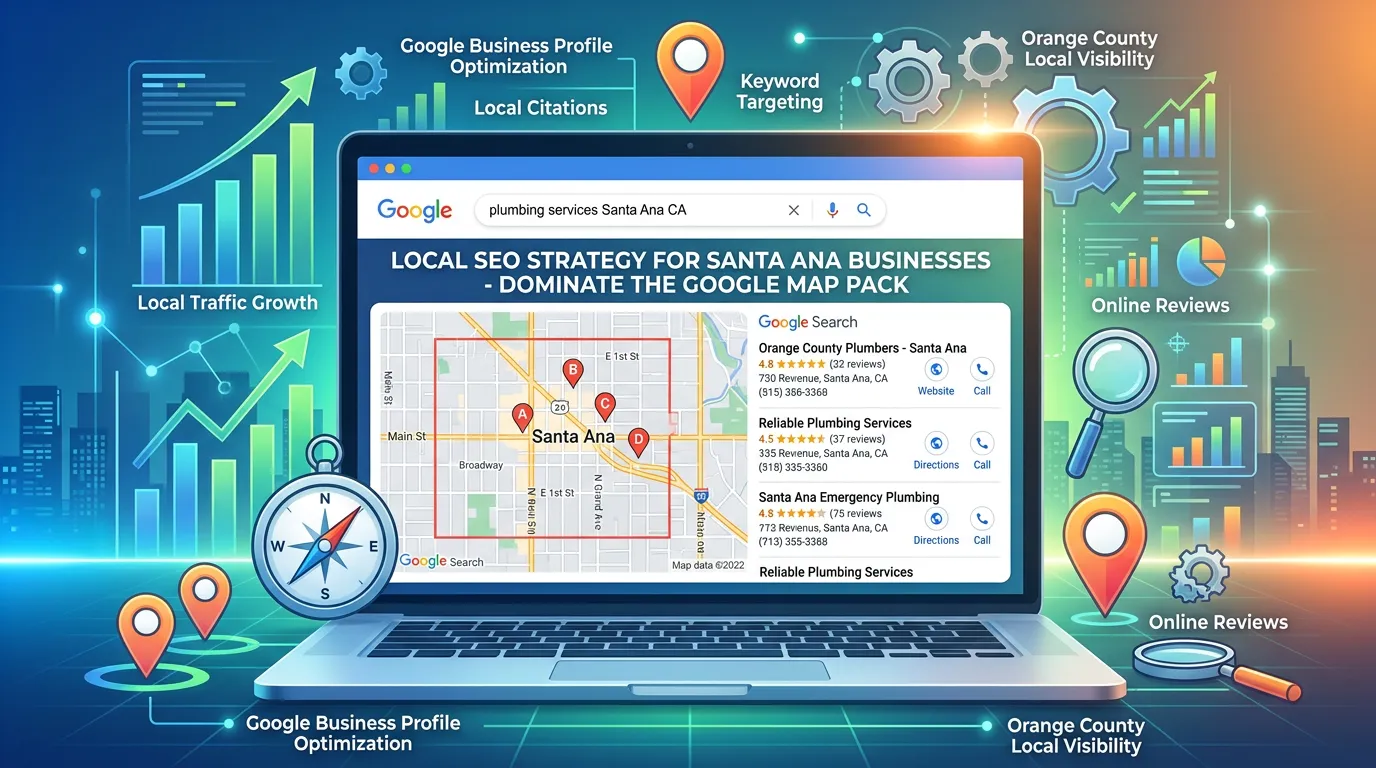 Santa Ana CA local SEO showing Google search map pack for service businesses in Santa Ana California