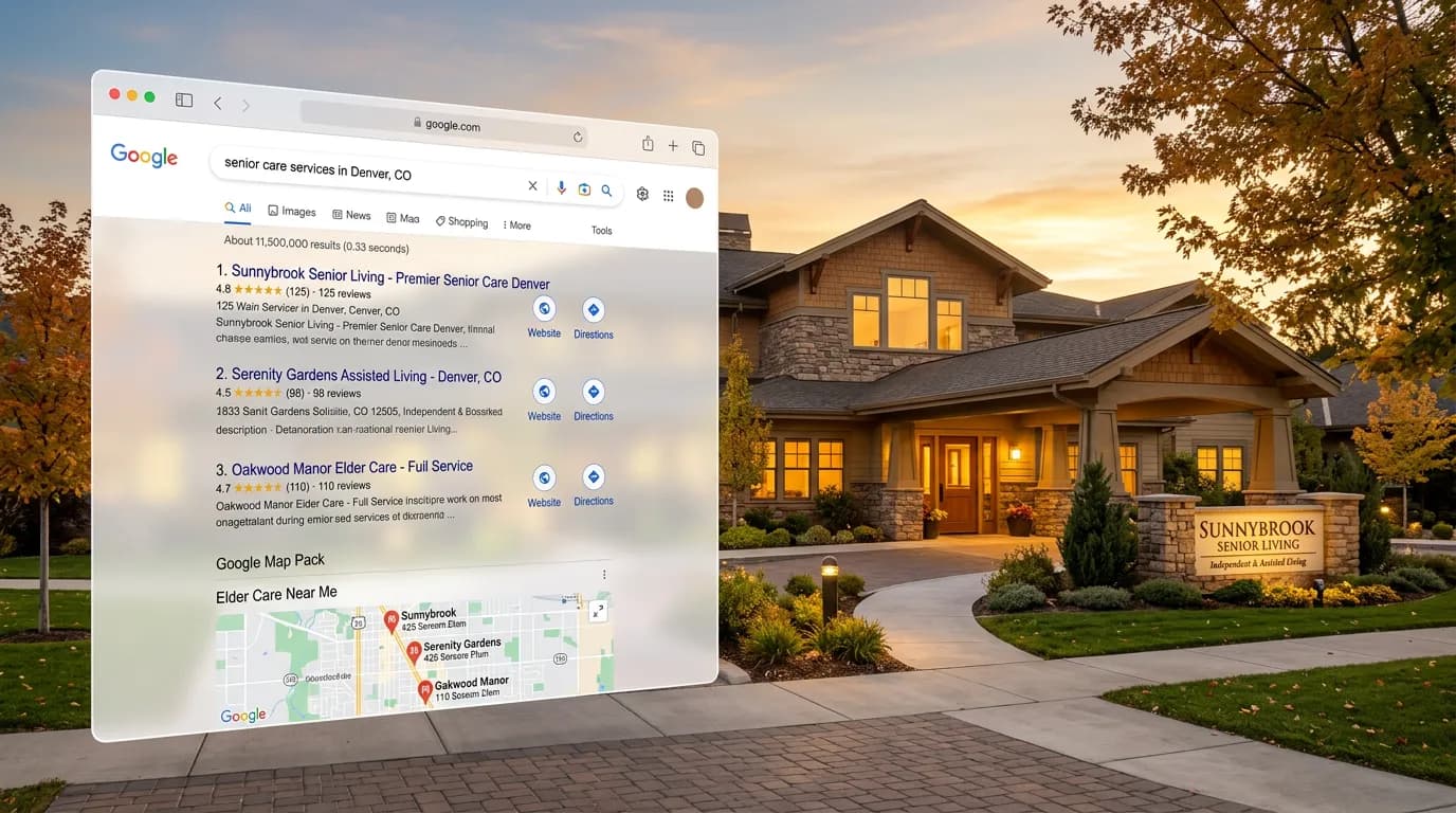 Senior care facility local SEO showing Google search results for elder care services