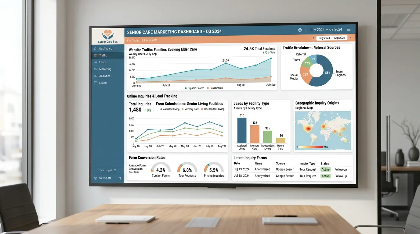 Senior care marketing analytics dashboard showing family search traffic and leads