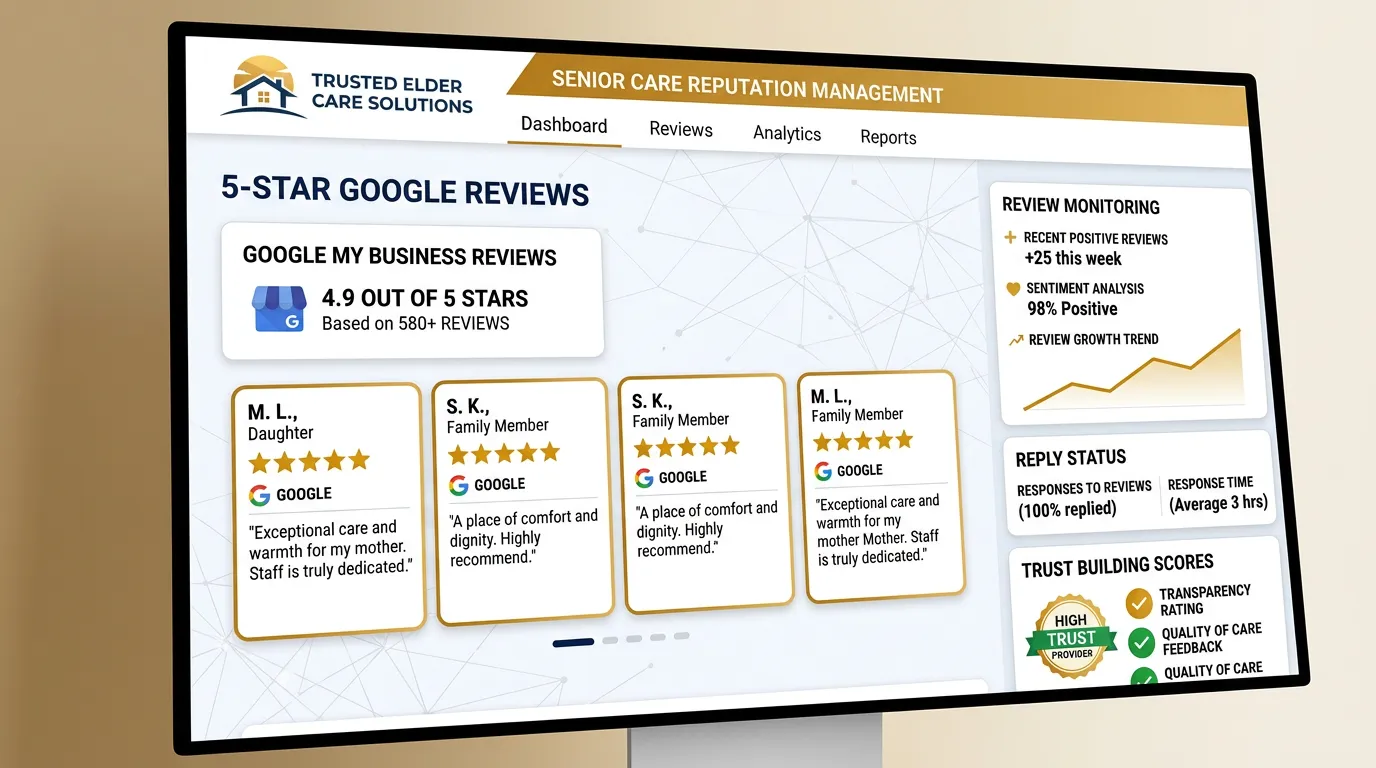 Senior care 5-star Google reviews and reputation management dashboard for elder care facilities