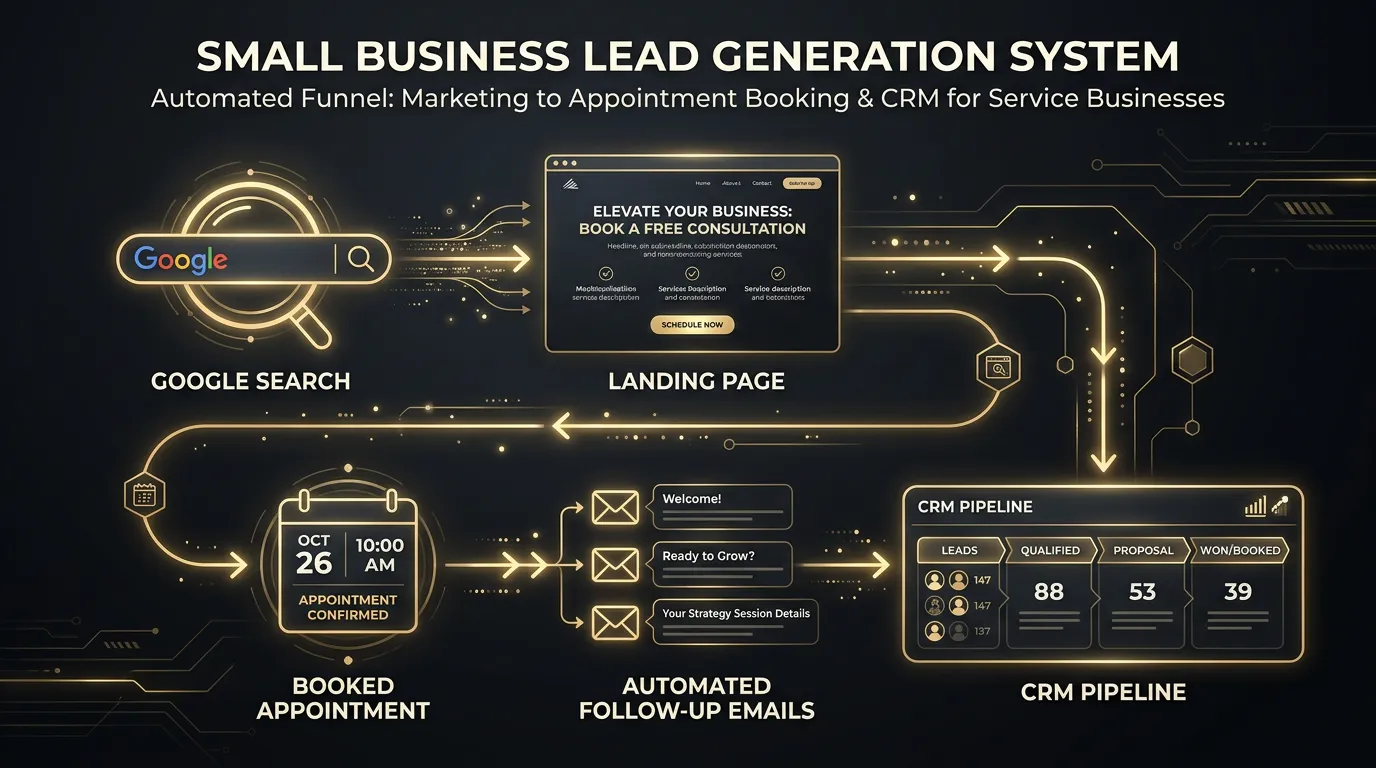 Small business lead generation funnel from search to booked appointment with CRM pipeline