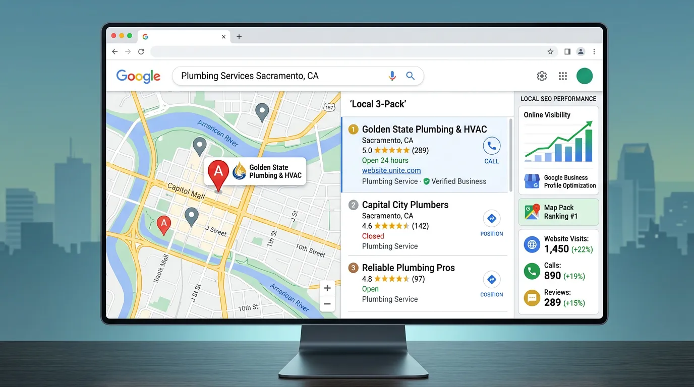 Small business local SEO showing Google Business Profile dominating top position in map pack