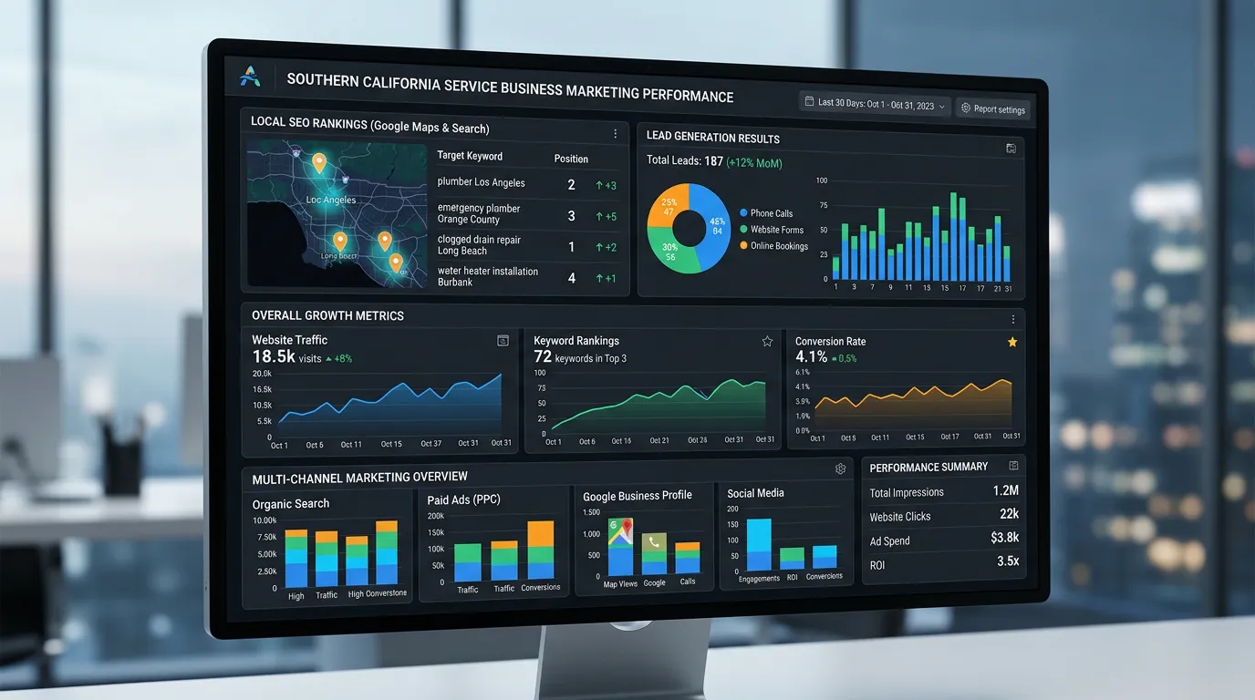 Small business owner marketing dashboard showing local SEO and lead generation results
