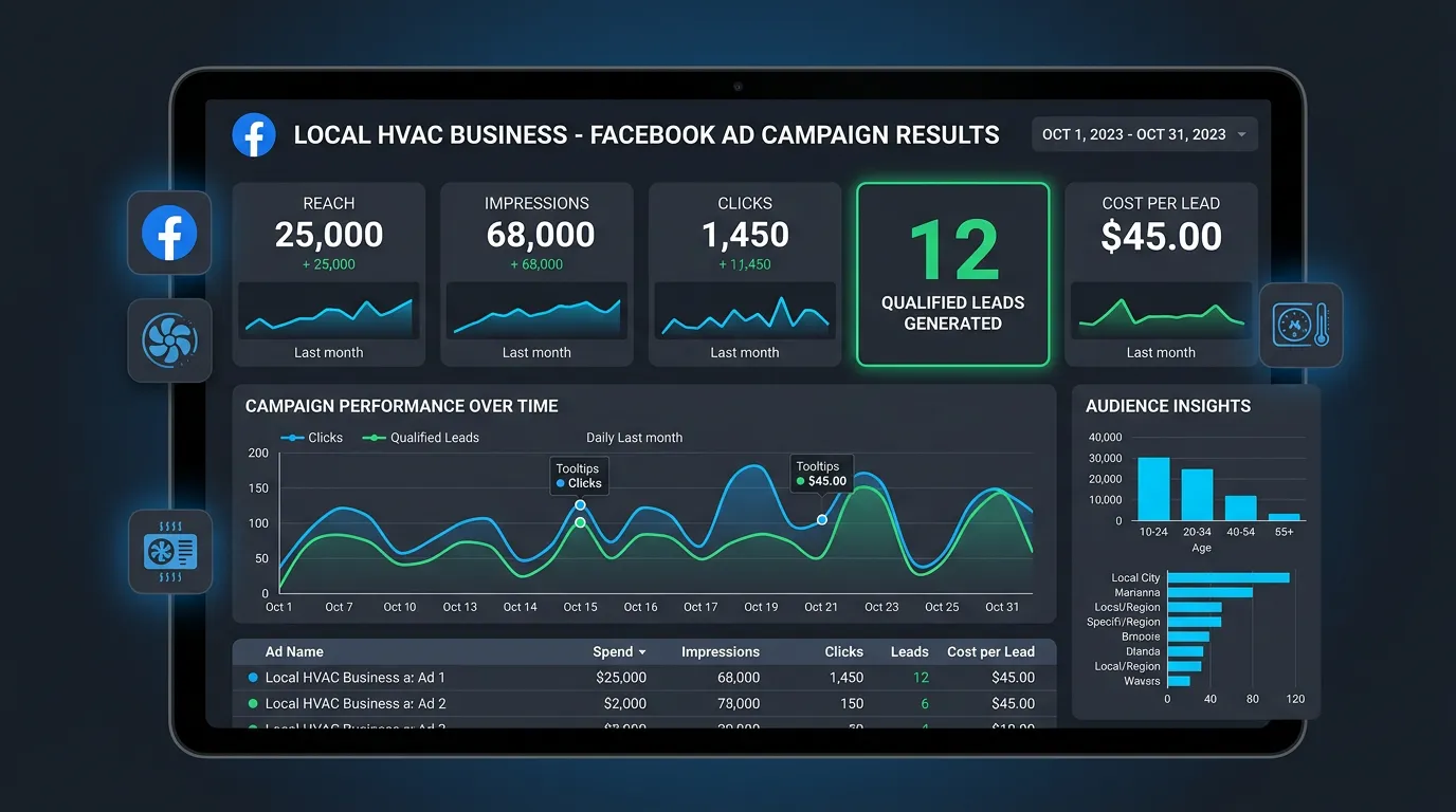 Social media ads results dashboard showing Facebook campaign for local business with reach clicks and 12 qualified leads
