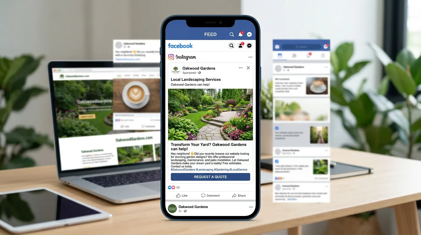 Facebook and Instagram retargeting ad showing local service business ad in social media feed for website visitor