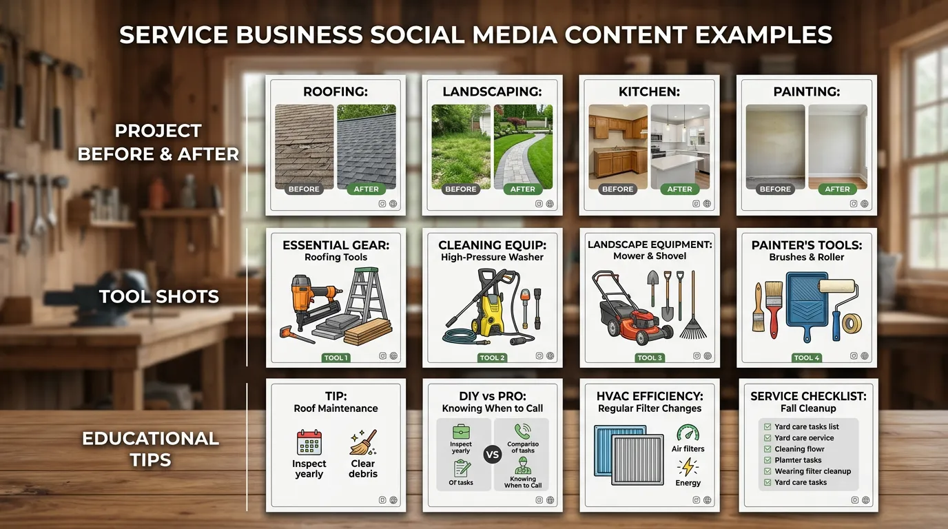 Service business social media content examples showing project before after photos tool shots and educational tips in grid