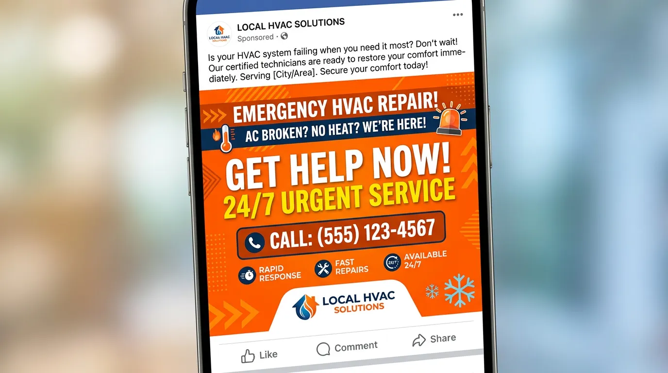 Emergency service promotion post concept for local service company showing urgent call to action graphic on Facebook