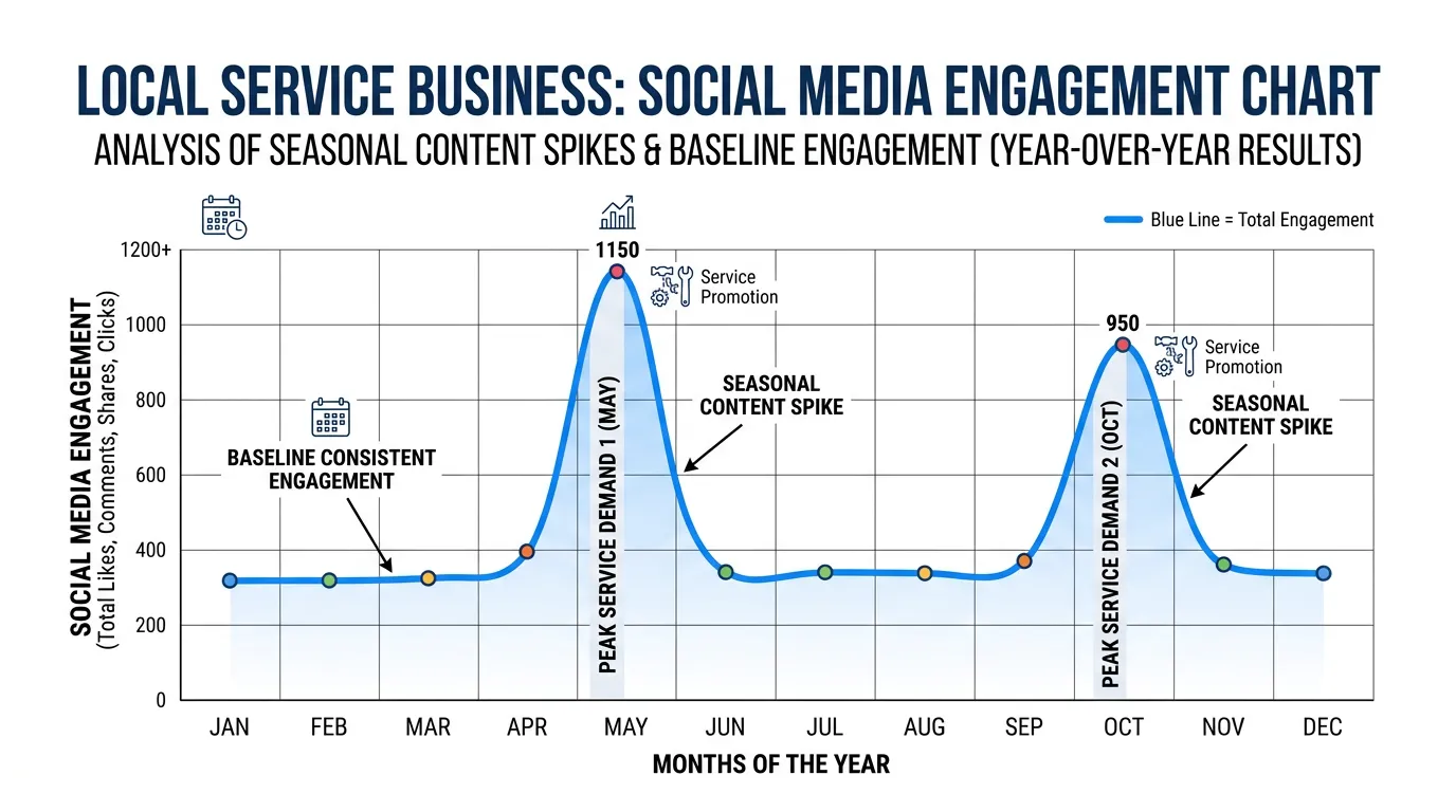 Local service business social media engagement chart showing seasonal spikes during peak service demand months