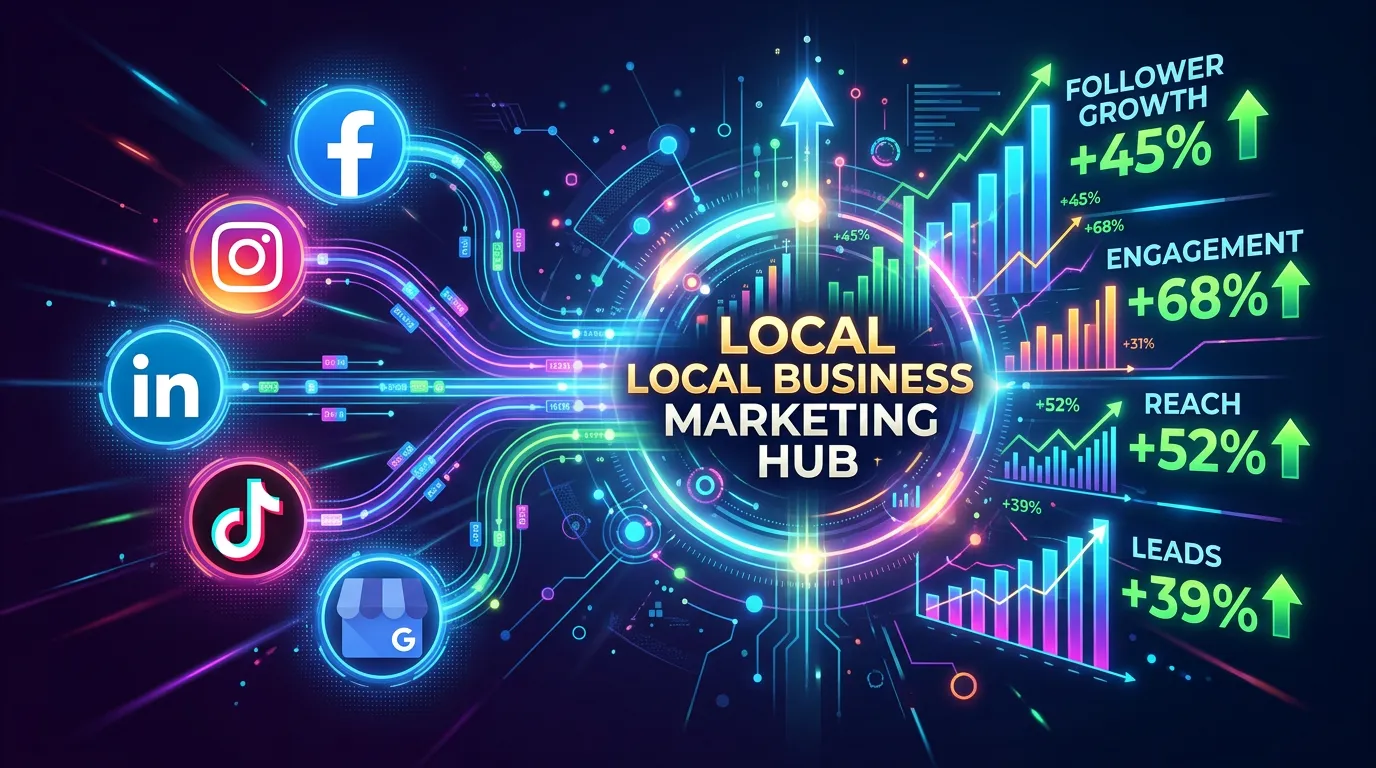 Social media platform icons Facebook Instagram LinkedIn TikTok and GBP connected to local business hub with growing metrics