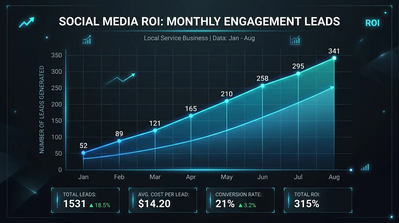 Chart of monthly social media engagement and leads for a local service business