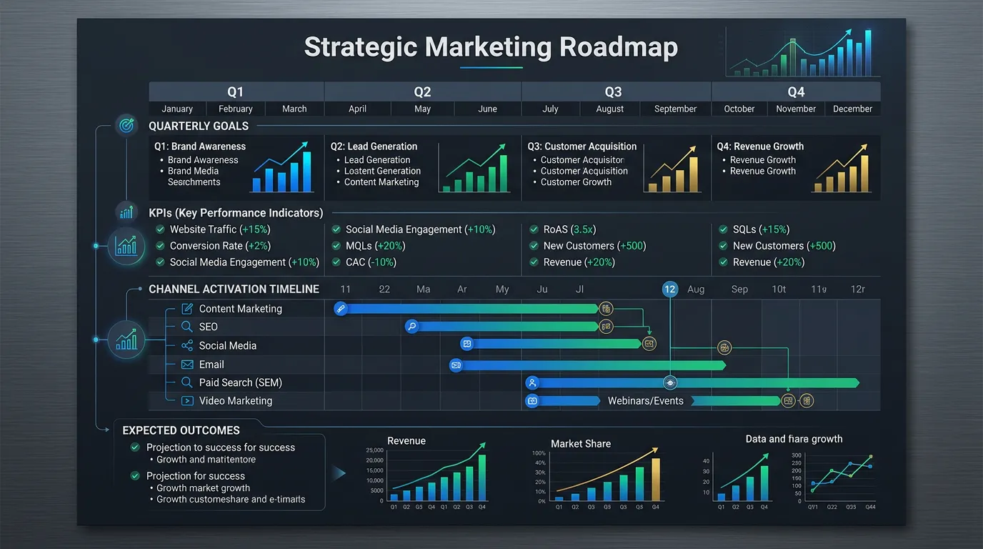 12-month strategic marketing roadmap with KPIs and quarterly goals for service businesses