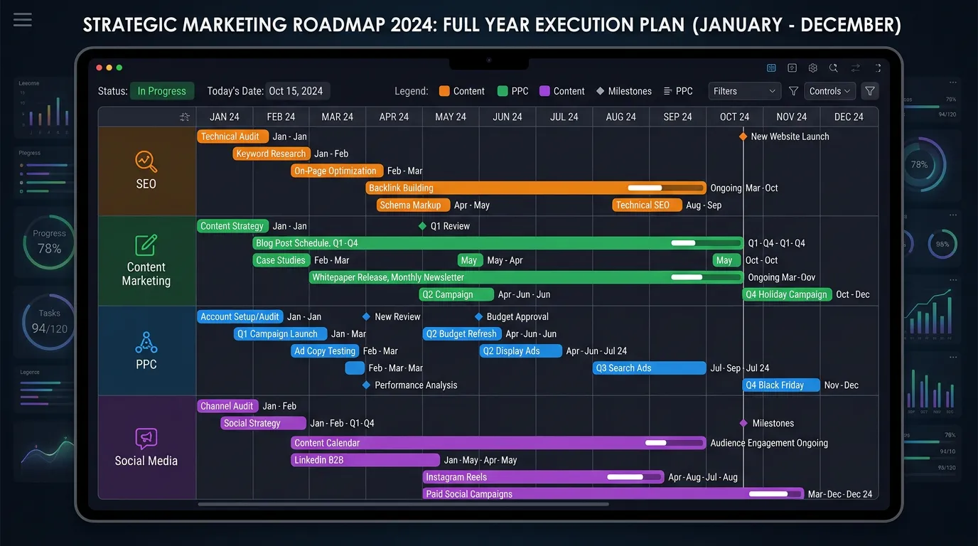 Strategic roadmap Gantt chart showing monthly marketing activities across all channels
