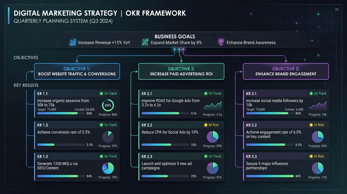 OKR framework for digital marketing showing objectives and key results aligned to business goals