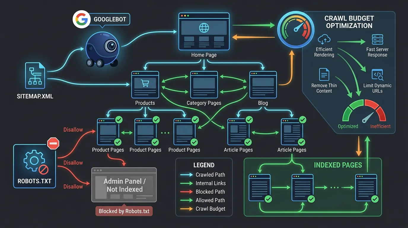 Website crawlability diagram showing Googlebot crawling site with sitemap connections and robots.txt governing indexed pages