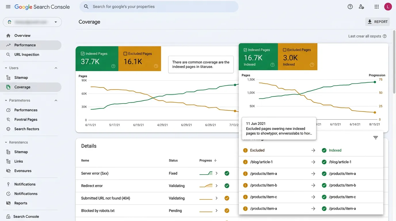 Google Search Console coverage report showing indexed versus excluded pages with errors being fixed progressively