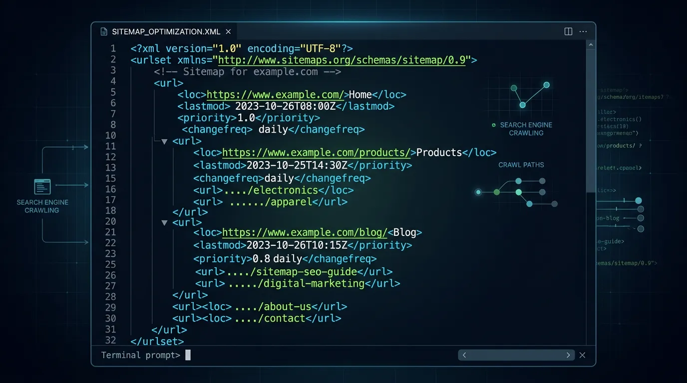 XML sitemap structure showing well-organized website with page categories helping search engines prioritize important pages