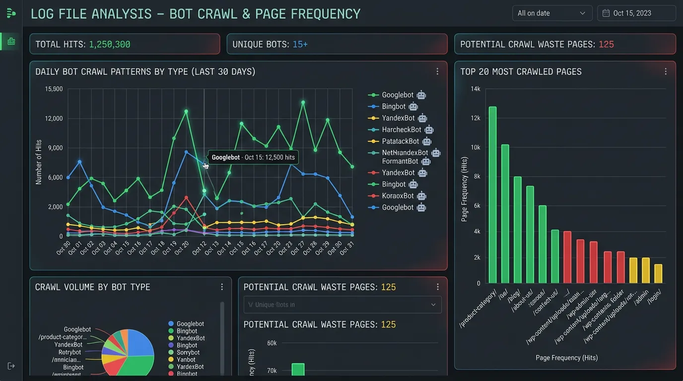 Website server log file analysis showing bot crawl patterns and page frequency data helping identify SEO crawl waste