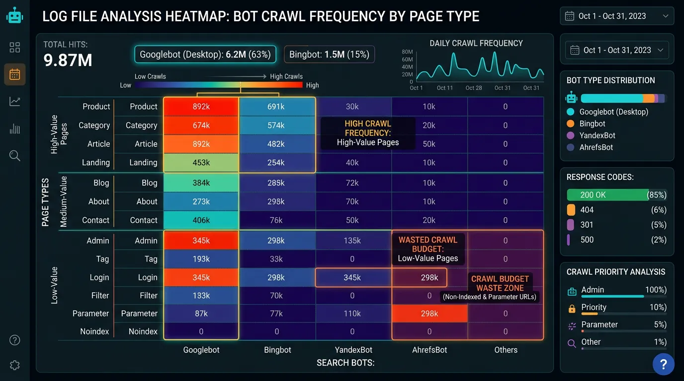 Log file analysis heatmap showing bot crawl frequency by page type with high value pages crawled frequently