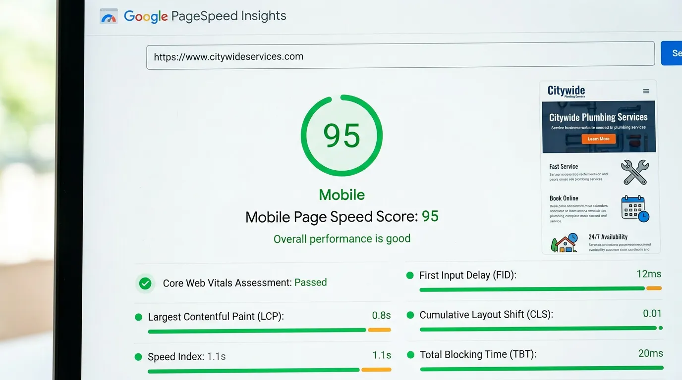 Mobile PageSpeed Insights showing service business website scoring 95 mobile speed with all green performance indicators