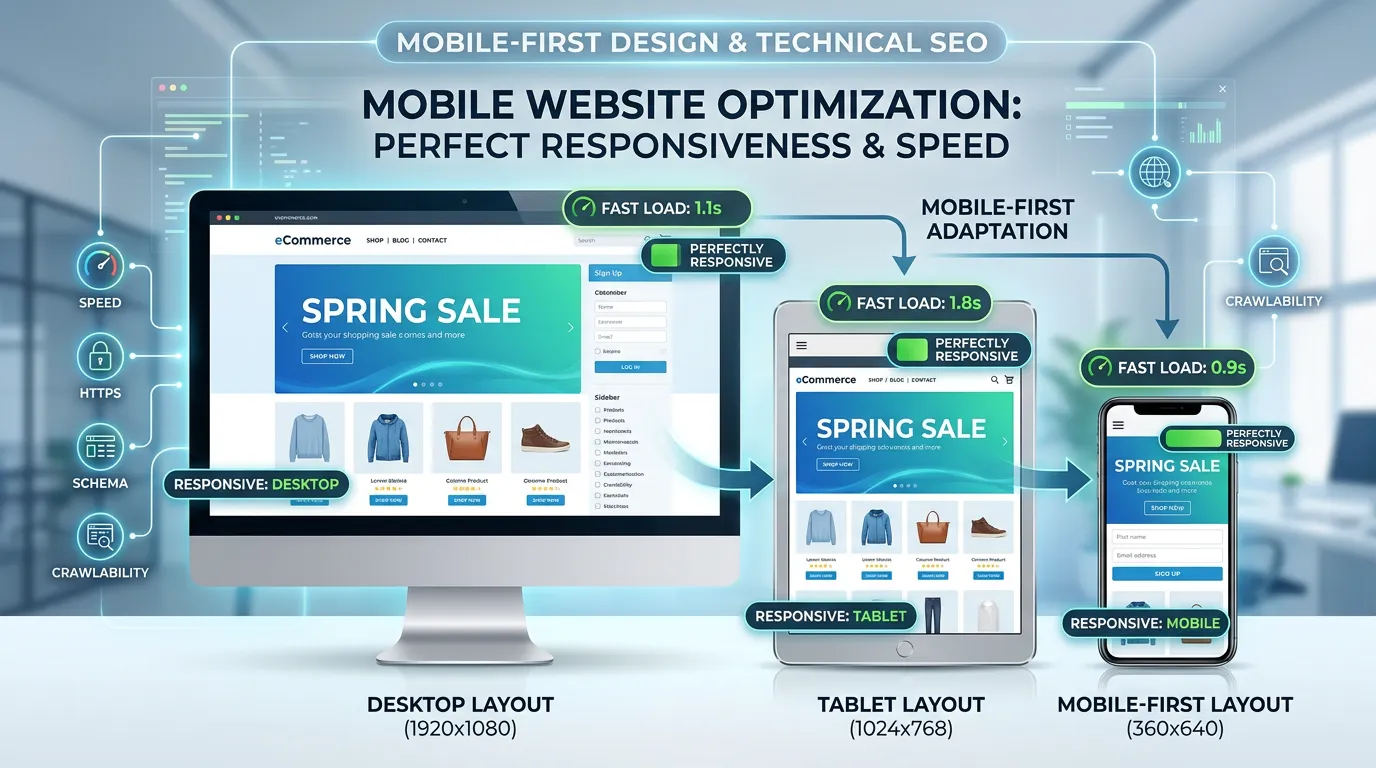 Mobile website optimization showing website adapting from desktop to tablet to smartphone with fast load indicators
