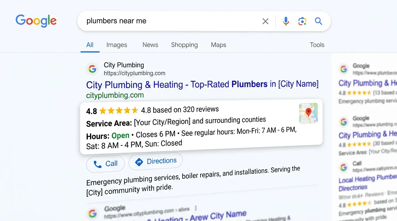 Google Rich Results from schema markup showing local business with review stars service area and hours in search snippet