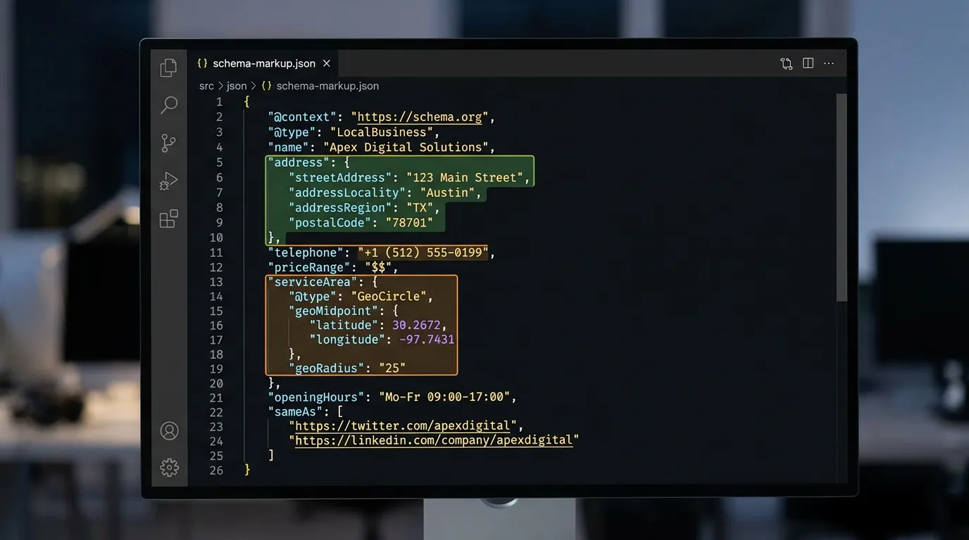Schema markup JSON-LD code for local business on dark code editor showing LocalBusiness schema with name address and phone