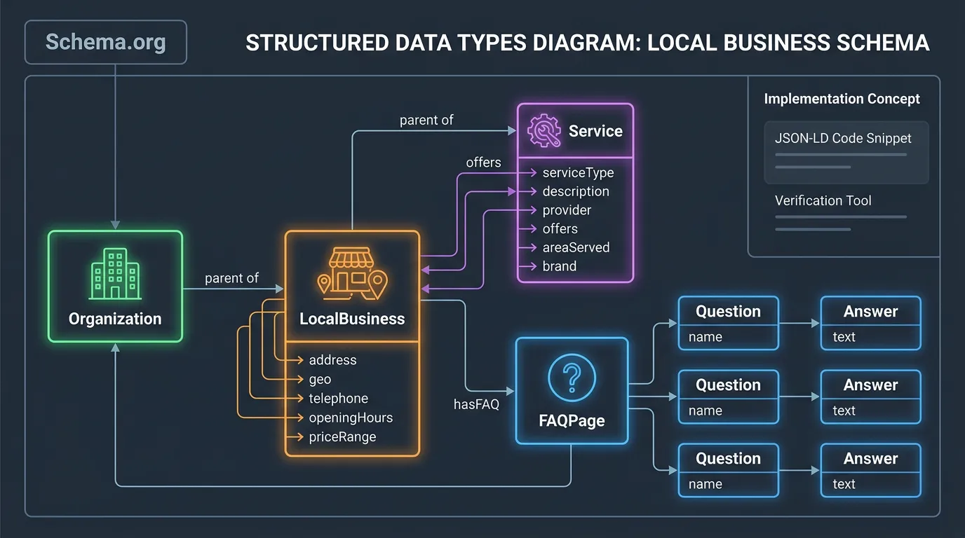 Structured data types diagram showing schema markup types for local business including Organization LocalBusiness and FAQPage