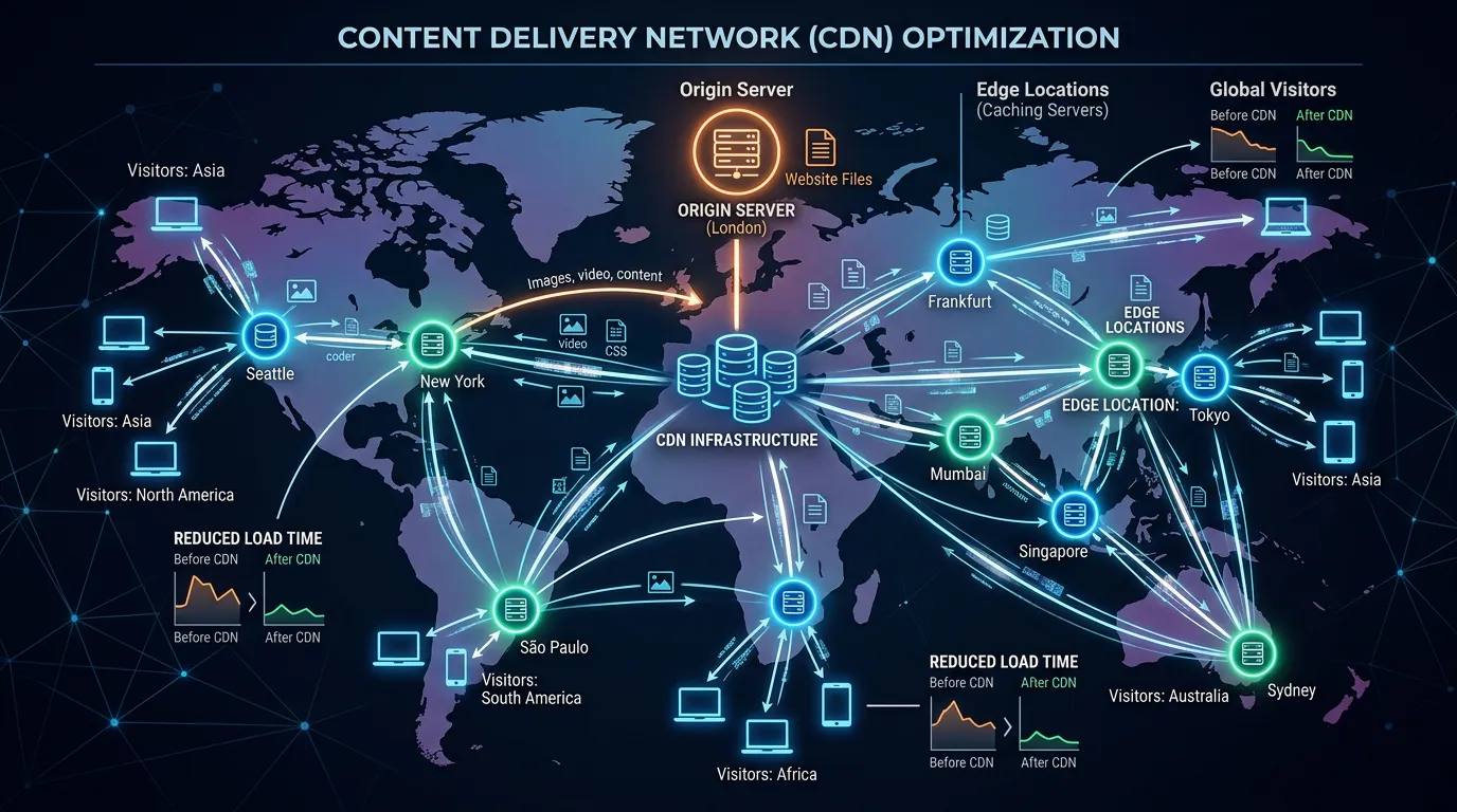 CDN content delivery network diagram showing website assets served from global edge locations reducing load times